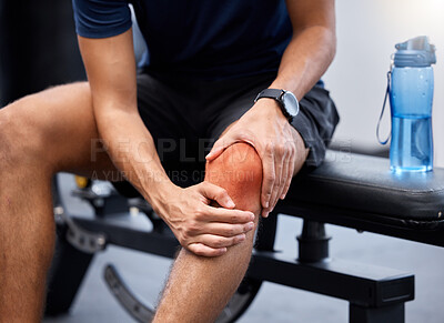 Buy stock photo Knee pain, sport accident or man in gym for training, fitness or exercise for injury. Male, athlete or muscle tension for workout, sore joint or health problem with practice or fibromyalgia emergency
