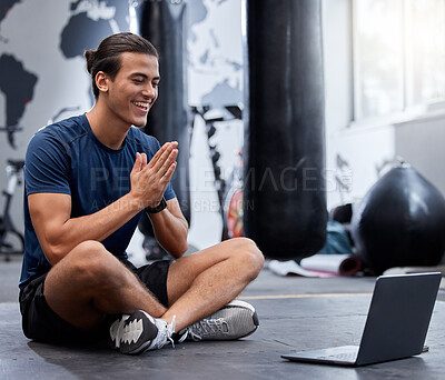 Buy stock photo Fitness gym, laptop and video call, influencer and live streaming for social media, exercise and training. Happy smile, young male talking and communicating on video conference or webinar for workout