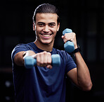 Portrait, fitness or man boxing with dumbbell for strength training, workout or cardio exercise in studio in Mexico. Smile, face or happy athlete boxer with sports champion pride or warrior mindset 