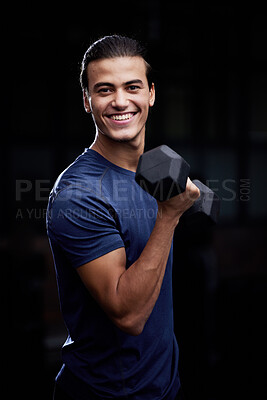 Buy stock photo Bodybuilder man, studio portrait and weightlifting with smile for fitness, muscle development and health. Happy bodybuilding athlete, dumbbell and black background for workout, training and self care
