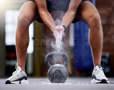 Buy stock photo Man, kettlebell and clapping hands with powder preparing for workout in gym. Sports, fitness or male athlete with weight and chalk dust for grip, training and exercising for muscle, power or strength