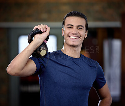 Buy stock photo Fitness, portrait or man at gym with a kettlebell for strong arms or training biceps in workout or weightlifting exercise. Smile, face or happy personal trainer ready for coaching with wellness goals
