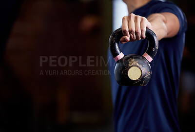 Buy stock photo Gym, fitness or hand with kettlebell for training strong arms, powerful bicep muscles or body exercises for balance. Sports, mockup or strong man with hand holding kettle bell weight for a workout