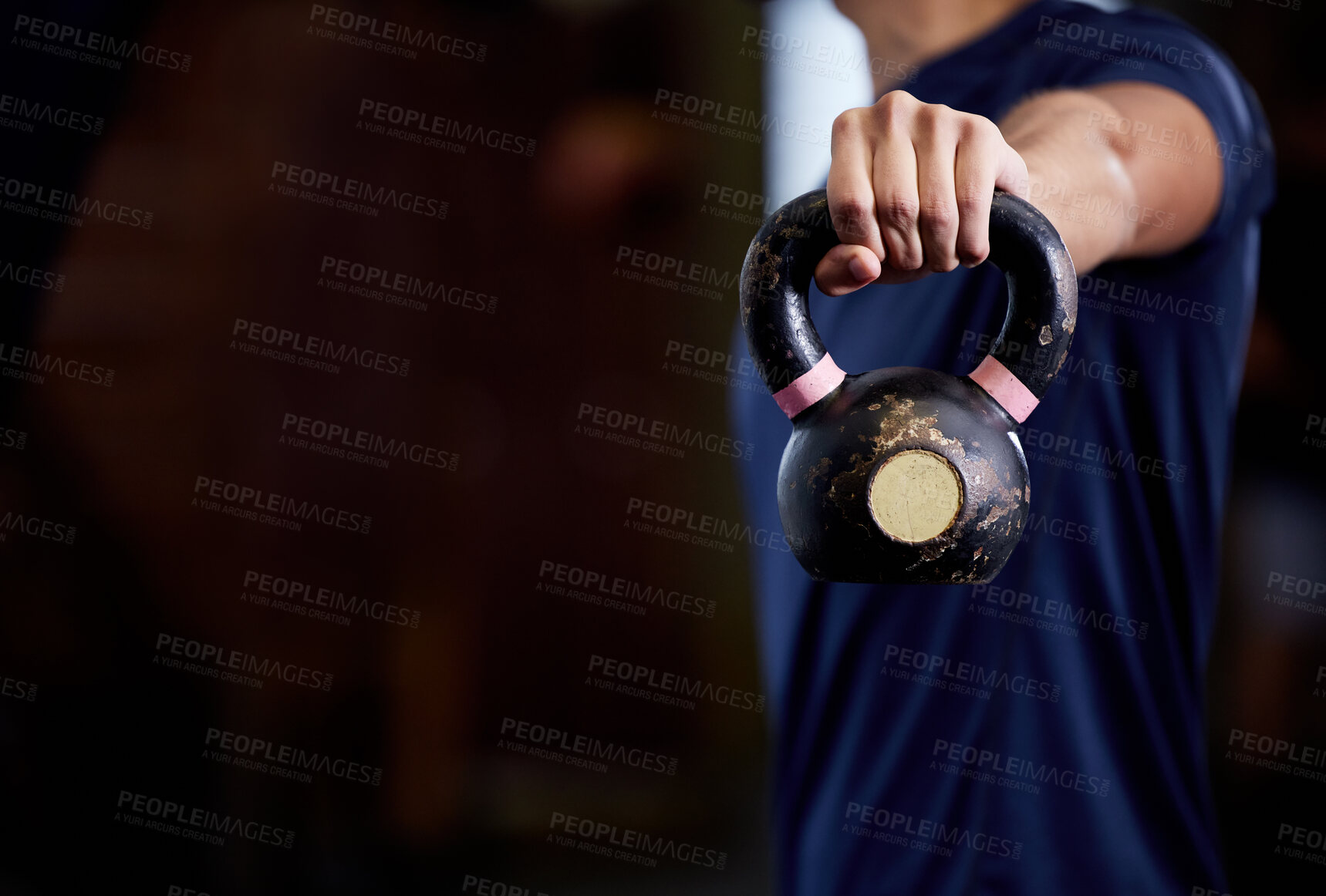 Buy stock photo Gym, fitness or hand with kettlebell for training strong arms, powerful bicep muscles or body exercises for balance. Sports, mockup or strong man with hand holding kettle bell weight for a workout