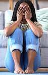 Black woman, hands and face sitting on floor depression and crying for help from stress, anger and worry. Frustrated, mad and angry or sad depressed girl with mental health anxiety and tried in home
