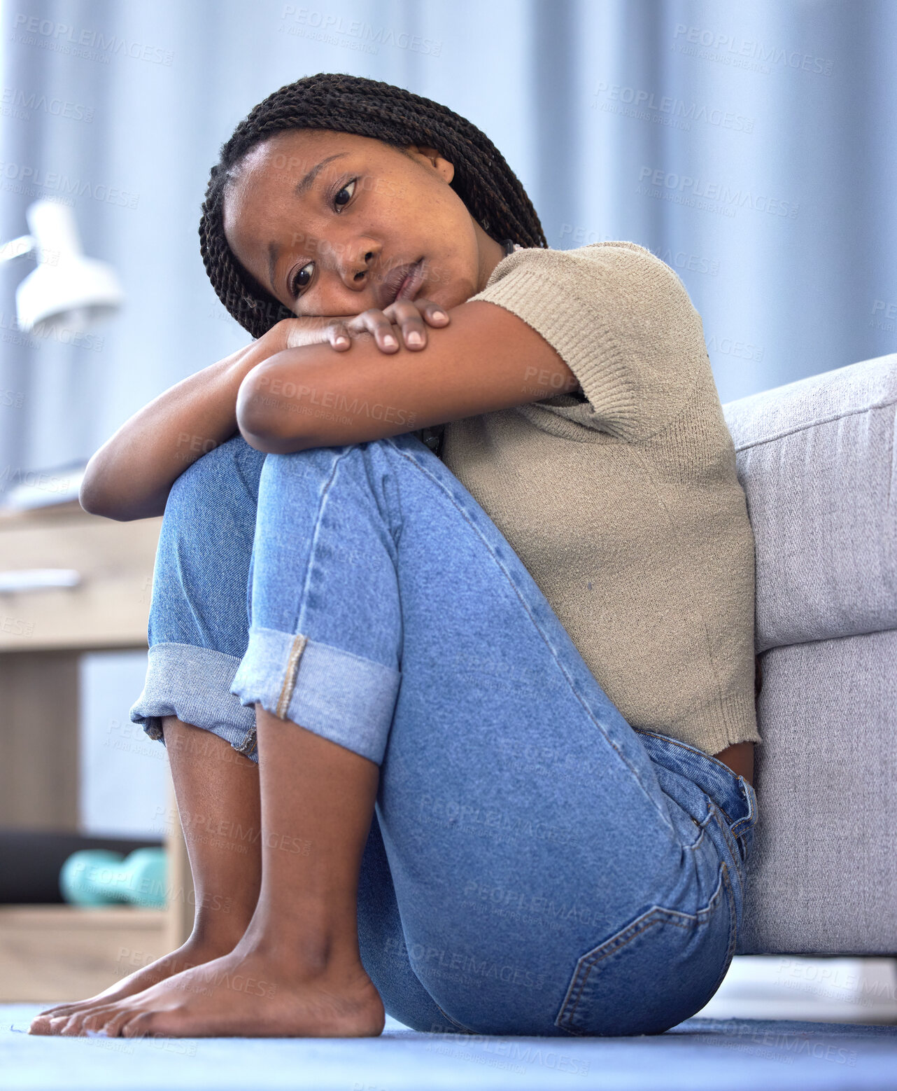 Buy stock photo Black woman, sad or depression in house, home or mental health problem for sad news, grief or loss. Anxiety, burnout or psychology stress for girl in living room, depressed or frustrated with mistake