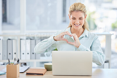 Buy stock photo Woman, laptop and heart shape hands in office or happy video call for digital marketing or networking collaboration online. Video conference, manager hands and happy for love or corporate support