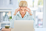 Business woman, laptop and headache stress in marketing office fail, 404 software glitch or advertising mistake. Worker, creative designer and employee anxiety, mental health or burnout on technology
