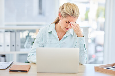Buy stock photo Mental health, laptop and woman with burnout headache from feedback review of financial portfolio, investment research or trading report. Problem, economy and trader stress over stock market crash