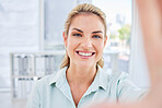 Face, selfie and business woman in office for happy memory, profile picture or social media. Portrait, smile and young female employee taking pictures for online, internet or blog post in workplace.