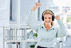 Business woman, happy office and headphones for dancing and listening to music to celebrate achievement, success or bonus after reaching target or goal. Entrepreneur doing winning dance to sound