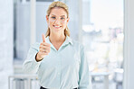 Leadership, success or business woman with thumbs up after review, financial report or sales goals in office building. Smile, hand or portrait of a happy employee with growth mindset, pride or praise