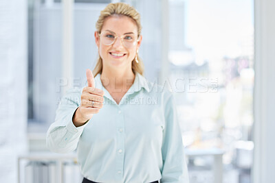 Buy stock photo Leadership, success or business woman with thumbs up after review, financial report or sales goals in office building. Smile, hand or portrait of a happy employee with growth mindset, pride or praise