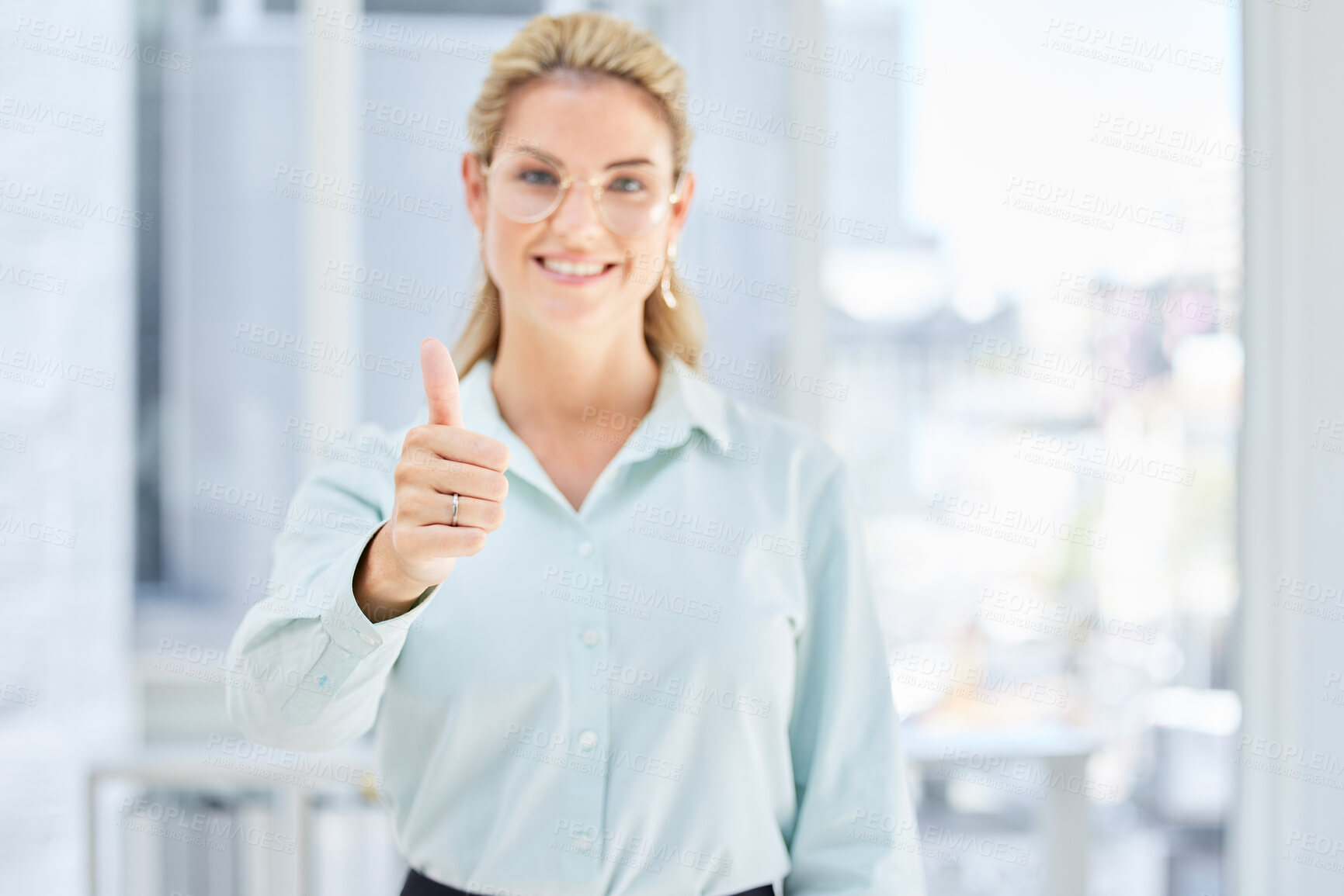 Buy stock photo Leadership, success or business woman with thumbs up after review, financial report or sales goals in office building. Smile, hand or portrait of a happy employee with growth mindset, pride or praise
