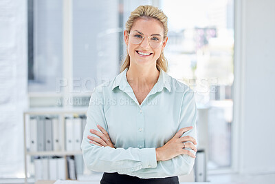 Buy stock photo Vision, success and portrait of business woman in organized, corporate and modern workplace with crossed arms. Leadership, startup and female entrepreneur in office with confidence, ideas and goals