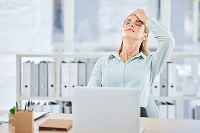 Buy stock photo Woman, laptop and office with headache, tired or frustrated at finance, audit or accounting work. Corporate, financial expert and computer on desk with burnout, stress or anxiety from job in New York