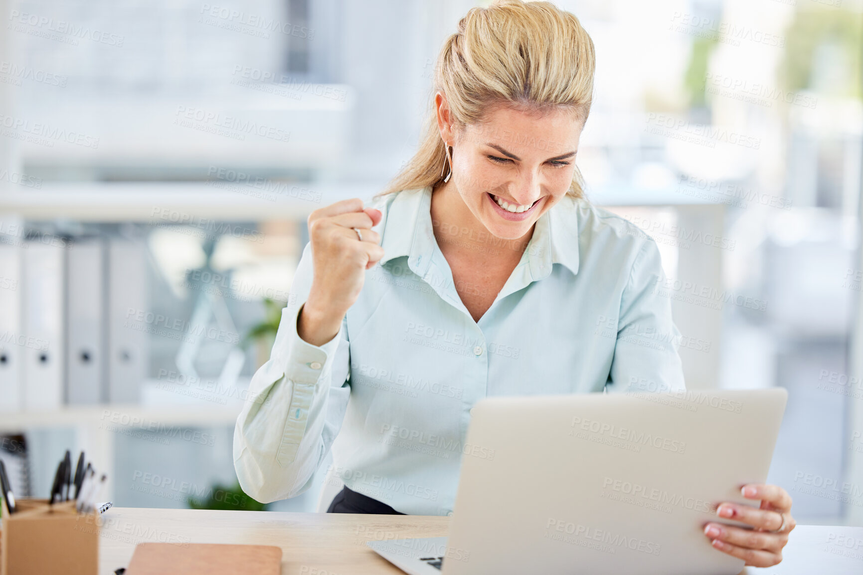 Buy stock photo Success, winner and business woman on a laptop in celebration of job promotion or good news. Happy, celebrate and professional corporate employee with achievement working on computer in modern office