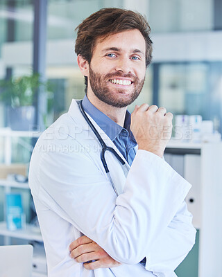 Buy stock photo Portrait, man and doctor in hospital, smile and confident at work, wellness or healthcare for community. Male, medical professional or surgeon ready to help, assist or consult for advice or diagnosis