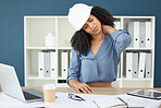 Architect, black woman and tired with neck pain in office from fatigue, injury or accident at work. Health problem of architecture employee at desk with pain in neck at professional workplace.