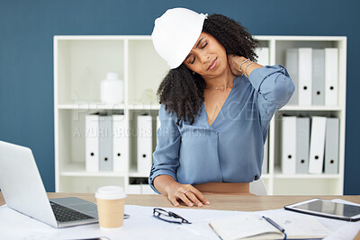 Buy stock photo Architect, black woman and tired with neck pain in office from fatigue, injury or accident at work. Health problem of architecture employee at desk with pain in neck at professional workplace.