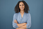 Business fashion, confidence and portrait black woman with pride in career, job success or creative vision. Mock up worker, employee or clothes designer with crossed arms on mockup blue background