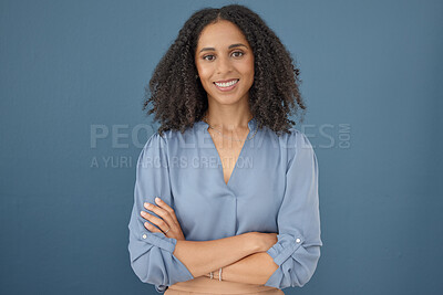 Buy stock photo Business fashion, confidence and portrait black woman with pride in career, job success or creative vision. Mock up worker, employee or clothes designer with crossed arms on mockup blue background