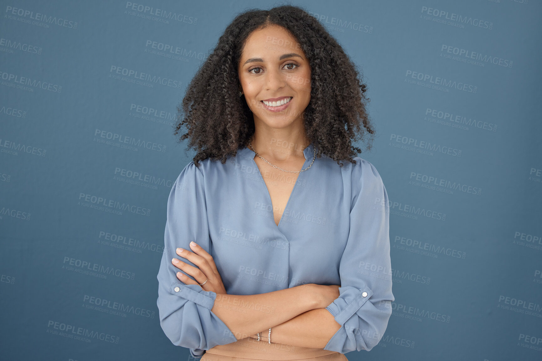 Buy stock photo Business fashion, confidence and portrait black woman with pride in career, job success or creative vision. Mock up worker, employee or clothes designer with crossed arms on mockup blue background
