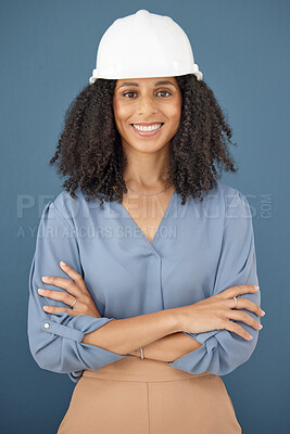 Buy stock photo Black woman, portrait and hard hat for architecture, engineering and construction safety on studio background in Brazil. Happy female contractor, project management and industrial property designer 