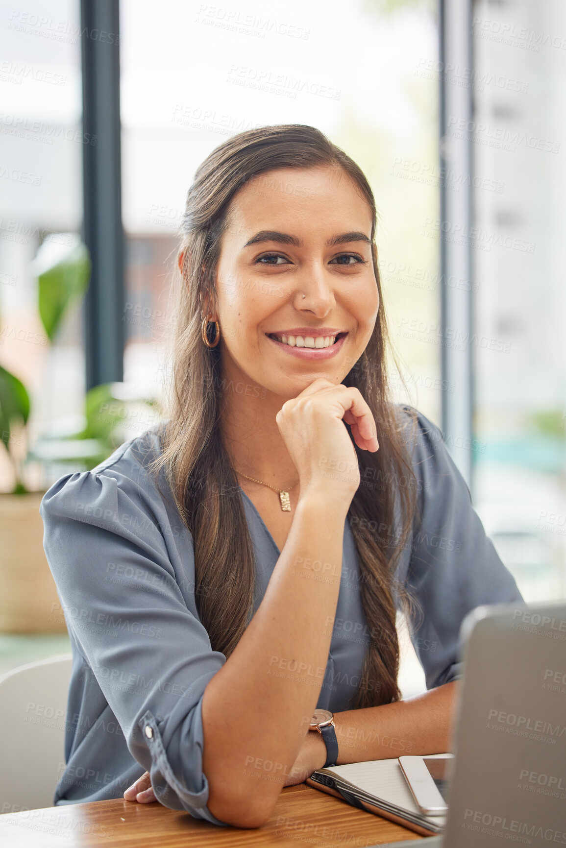 Buy stock photo Corporate, smile and business woman with a laptop, company executive and happy at job as a lawyer. Office, professional and portrait of a legal attorney with a pc for email, networking and planning