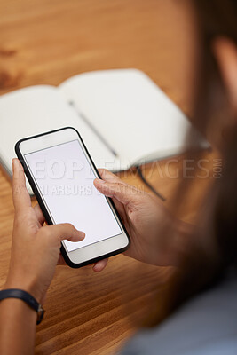 Buy stock photo Woman, mock up and typing with smartphone, or connectivity and social media. Female, girl and phone with space for online reading, search internet or communication to connect and website for posting.