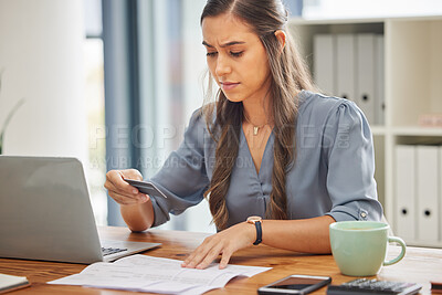 Buy stock photo Credit card, laptop and business woman in office with finance, fintech and banking software for loan application, budget and ecommerce. Accountant, corporate and worker invoice, document and payment