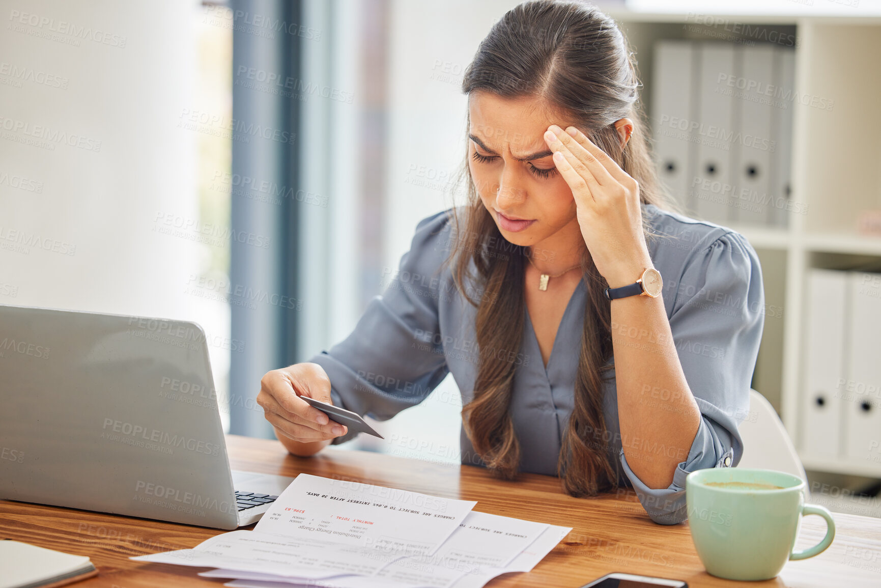 Buy stock photo Stress, credit card or business woman with laptop confused with finance, burnout or budget depression in office. Document, bill or employee with headache for loan payment decline, debt anxiety or tax
