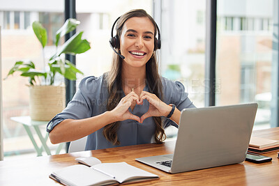 Buy stock photo Woman, call center and laptop with heart gesture for telemarketing, customer service or support at the office. Portrait of happy employee consultant with smile and hands with love symbol by computer