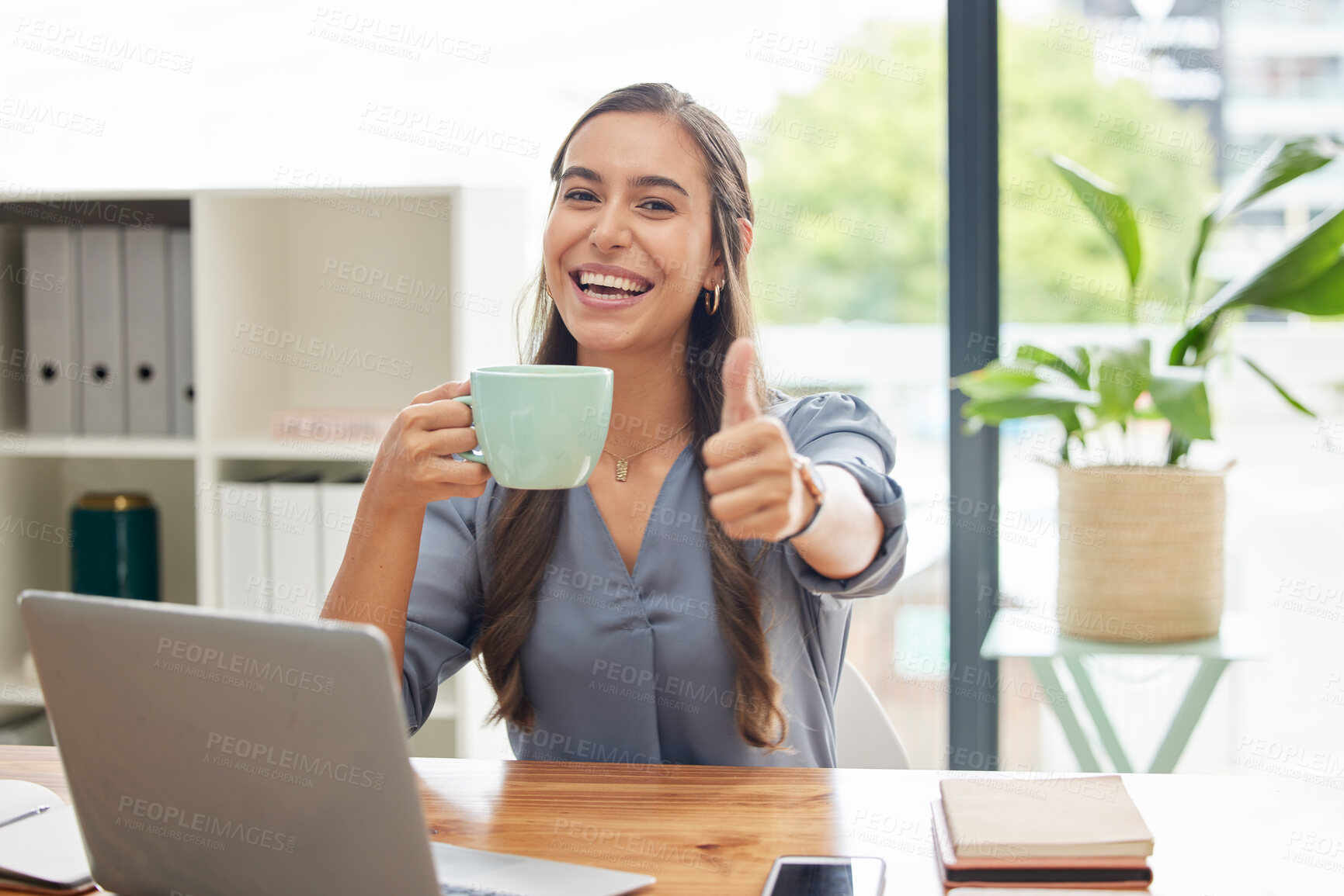 Buy stock photo Portrait, thumbs up or business woman with coffee, office or achievement for startup company or marketing strategy. Young female, ceo or entrepreneur with tea, hand gesture for application or success