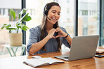 Video call, heart and business woman in virtual meeting, call center communication or webinar with like, support and smile. Telemarketing, laptop and corporate worker with love hands sign for career