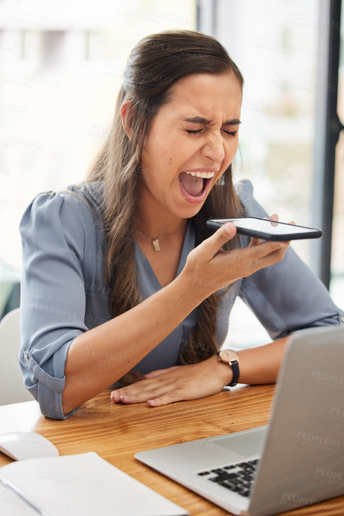 Buy stock photo Stress, screaming and phone call for business woman on laptop in digital marketing office, advertising startup or growth branding company. Angry, shouting and frustrated designer on tech networking