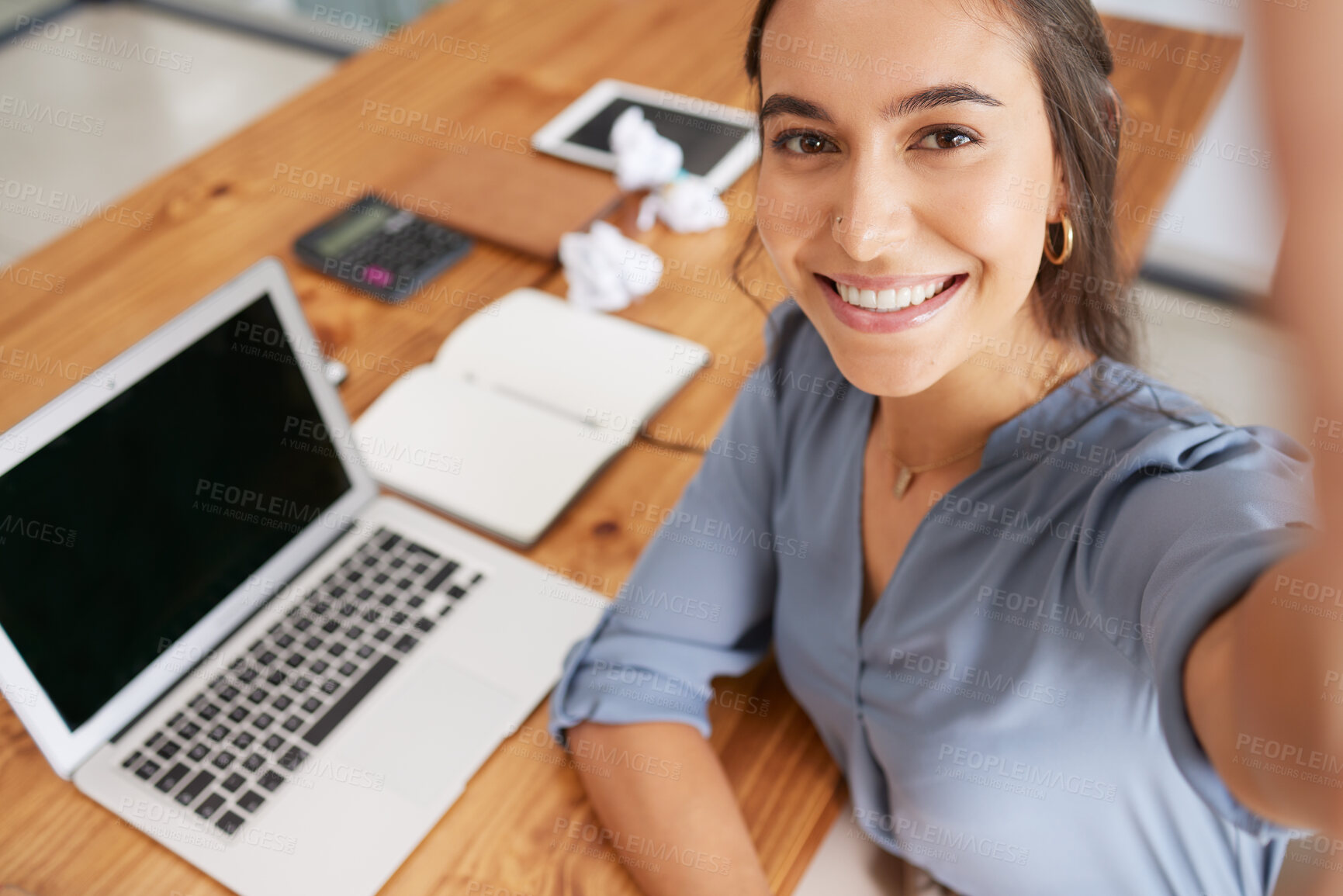 Buy stock photo Selfie, laptop and happy woman working at office desk for web tech company success, digital start up and employee smile in office. Smartphone photography, seo manager and happiness at work table
 
