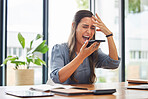 Business woman, stress and phone call in office by angry employee shouting, frustrated and annoyed by phishing. Woman, anxiety and headache while talking on phone, pressure and burnout from deadline