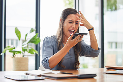 Buy stock photo Business woman, stress and phone call in office by angry employee shouting, frustrated or annoyed by phishing. Manager, anxiety and headache while talking on phone, pressure and burnout from deadline