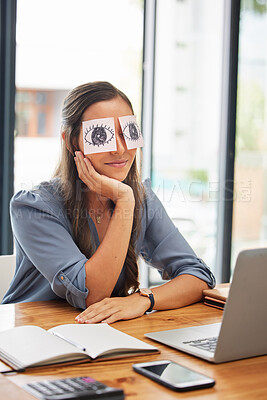 Buy stock photo Business, tired and woman with paper on eyes at her desk feeling overworked and burnout. Businesswoman, exhausted and fatigue with corporate job fail or stress and ready to sleep or nap at her desk