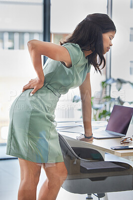 Buy stock photo Back pain, business and black woman in office with stress, injury and health problem. Female, entrepreneur and employee with joint pain, muscle tension medical emergency in workplace and accident.
