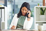 Black woman, business and phone call while writing in notebook, journal and planner at office desk. Female entrepreneur talking on smartphone while planning notes for agenda, schedule and information
