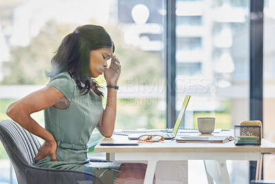Buy stock photo Burnout, back pain or black woman with headache in office from depression, mental health or anxiety for work. Tired, mental health or sad employee frustrated, stress and laptop for finance tax audit
