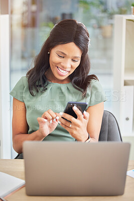 Buy stock photo Office, smartphone and black woman with business communication, company networking and digital marketing strategy. Success, management and happy corporate worker working on a laptop and cellphone app