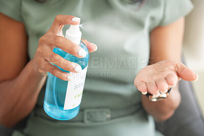 Buy stock photo Sanitizer, hand and woman disinfecting for germs, bacteria or dirt in office for covid regulations. Virus, pandemic and professional employee sanitizing her hands for hygiene with antibacterial gel.