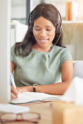 Buy stock photo Call center, customer support and black woman telemarketing consultant working in office. Hotline, customer service and African ecommerce sales agent with crm strategy consulting online in workplace.