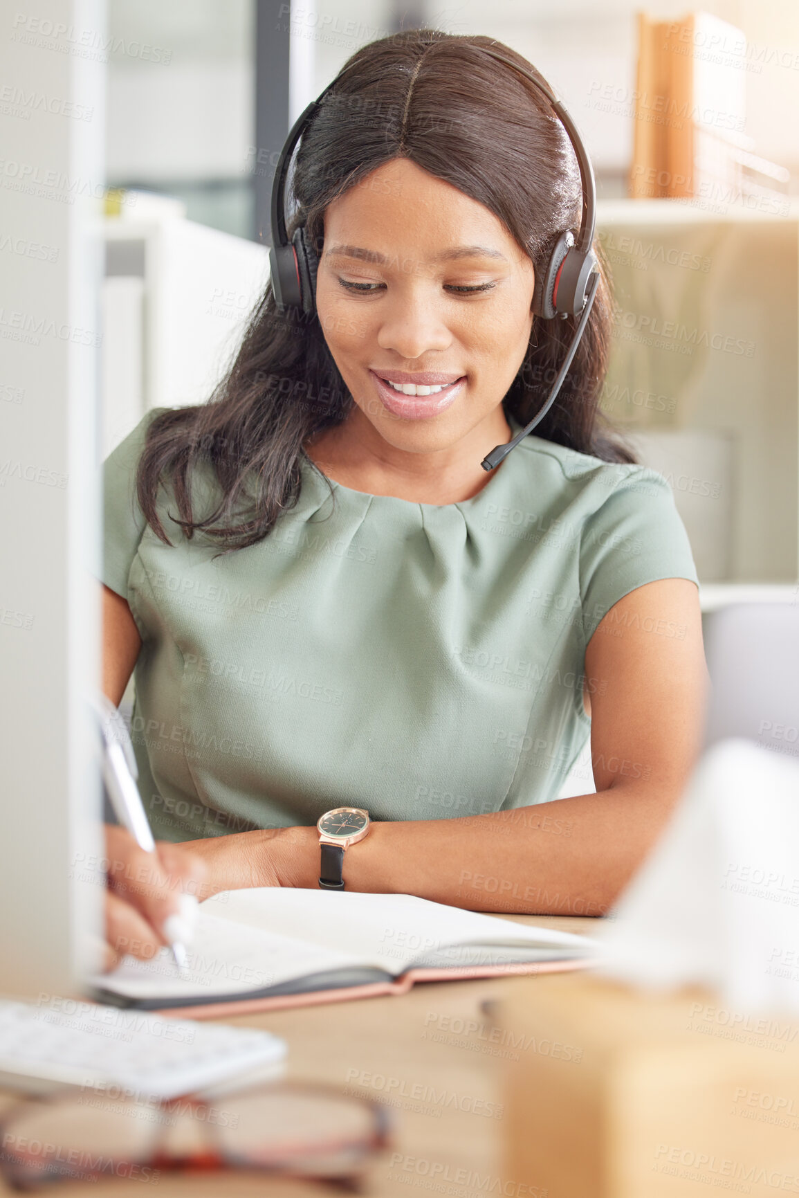Buy stock photo Call center, customer support and black woman telemarketing consultant working in office. Hotline, customer service and African ecommerce sales agent with crm strategy consulting online in workplace.