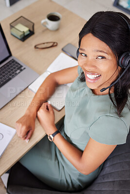 Buy stock photo Black woman, office and call center in portrait for business communication, ecommerce management and telemarketing. African consultant, virtual assistant or advisor face working on a career strategy