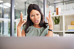 Black woman, angry and laptop glitch in office for company stress, anxiety and frustrated for 404 tech error. African woman, stressed manager and financial report problem or mad working on computer