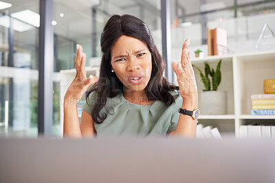 Buy stock photo Black woman, angry and laptop glitch in office for company stress, anxiety and frustrated for 404 tech error. African woman, stressed manager and financial report problem or mad working on computer